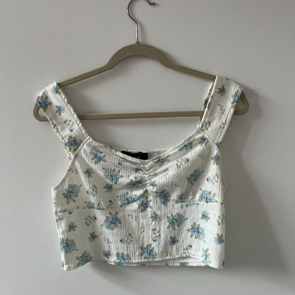 White and Blue Floral Crop Top - Cider LG